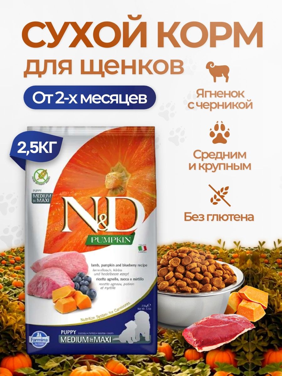 Cухой корм для щенков средних и крупных пород Farmina N&D Pumpkin 2.5 кг. Фармина НД с ягнёнком, тыквой и черникой