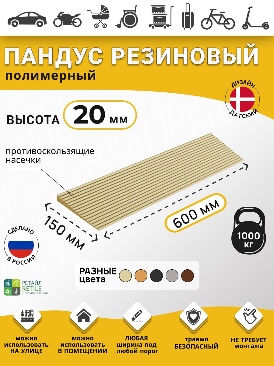 Пандус резиновый рубеж для порогов высотой 2 см (20х600х150 мм), бежевый, для колясок, склада и автомобилей