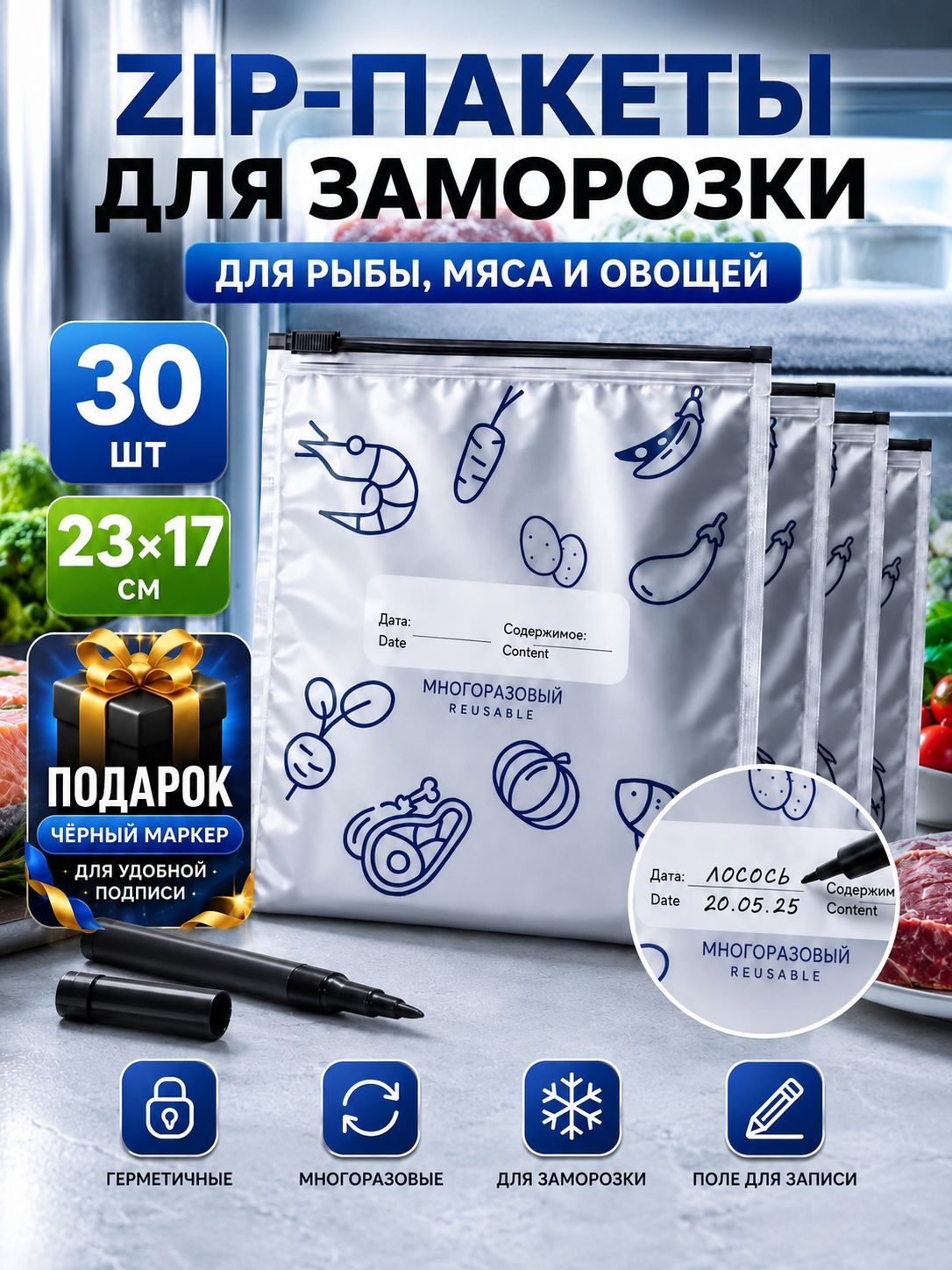 Зип пакет с бегунком 23*17 см, 30 шт