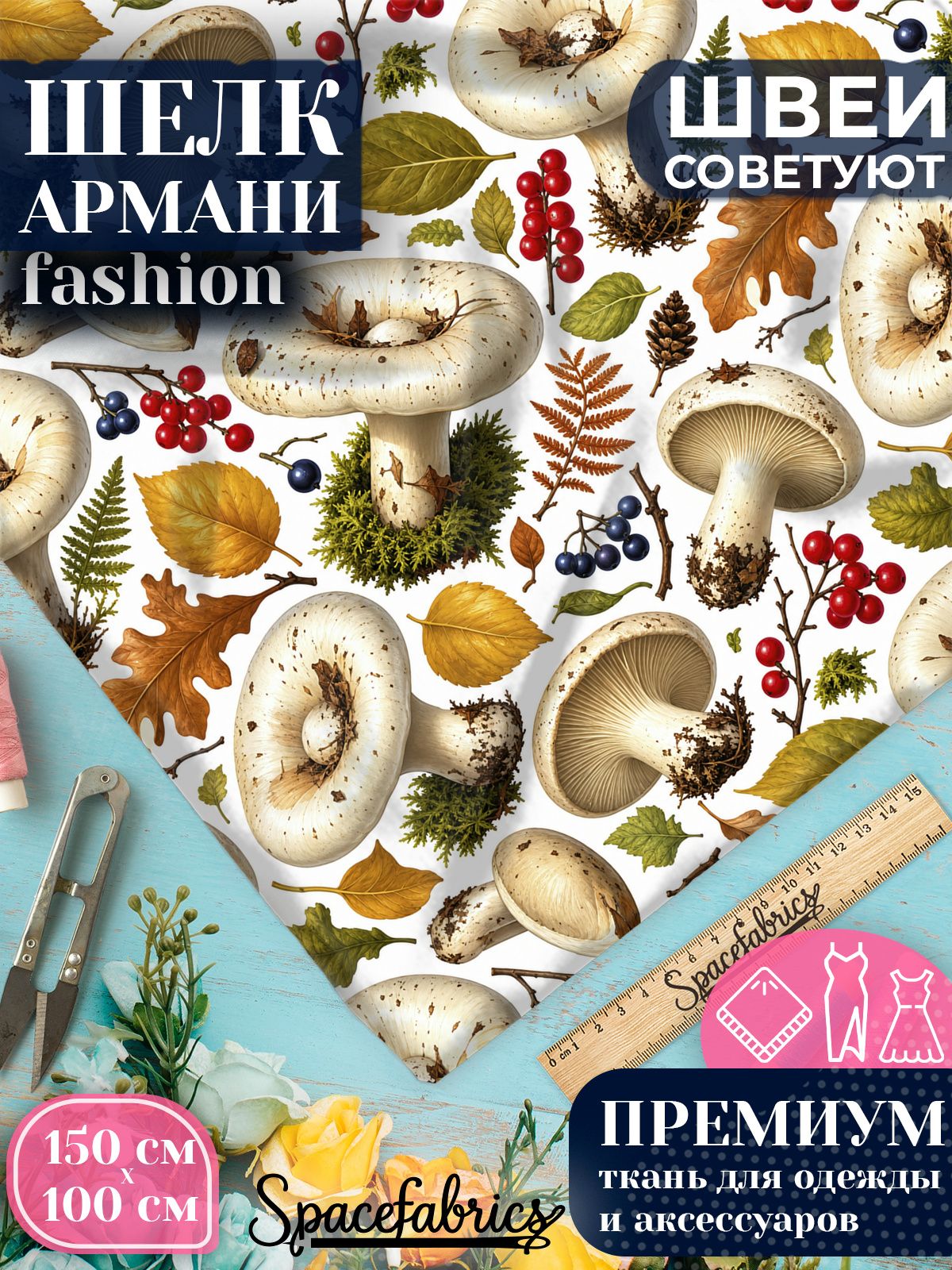 Ткань для шитья шелк Армани, искусственный шелк для костюмов, платьев, юбок с принтом Лесные грибы