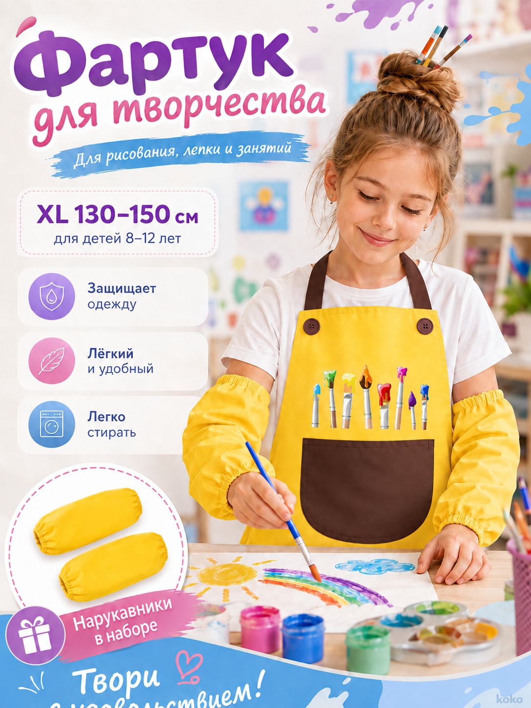 Фартук детский для творчества с нарукавниками, водоотталкивающий фартук для рисования, лепки и уроков труда, регулируемый, с большим карманом, XL 130-150 см, 8-12 лет