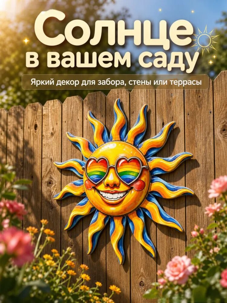 Металлический настенный декор солнце в радужных очках, винтажный декор для забора, сада и балкона, размер 3434 см