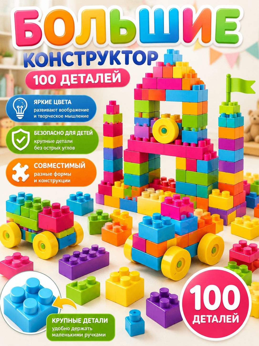 Крупный пластиковый конструктор с контейнером, развивающие строительные блоки для детей