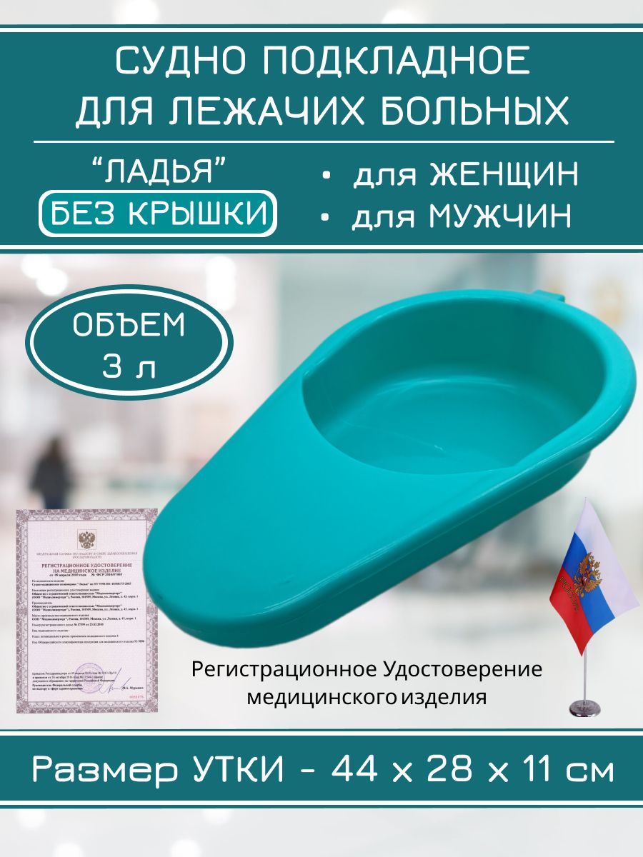 Судно утка для лежачих больных Женщин и Мужчин без крышки, подкладное медицинское Ладья, Бирюзовое