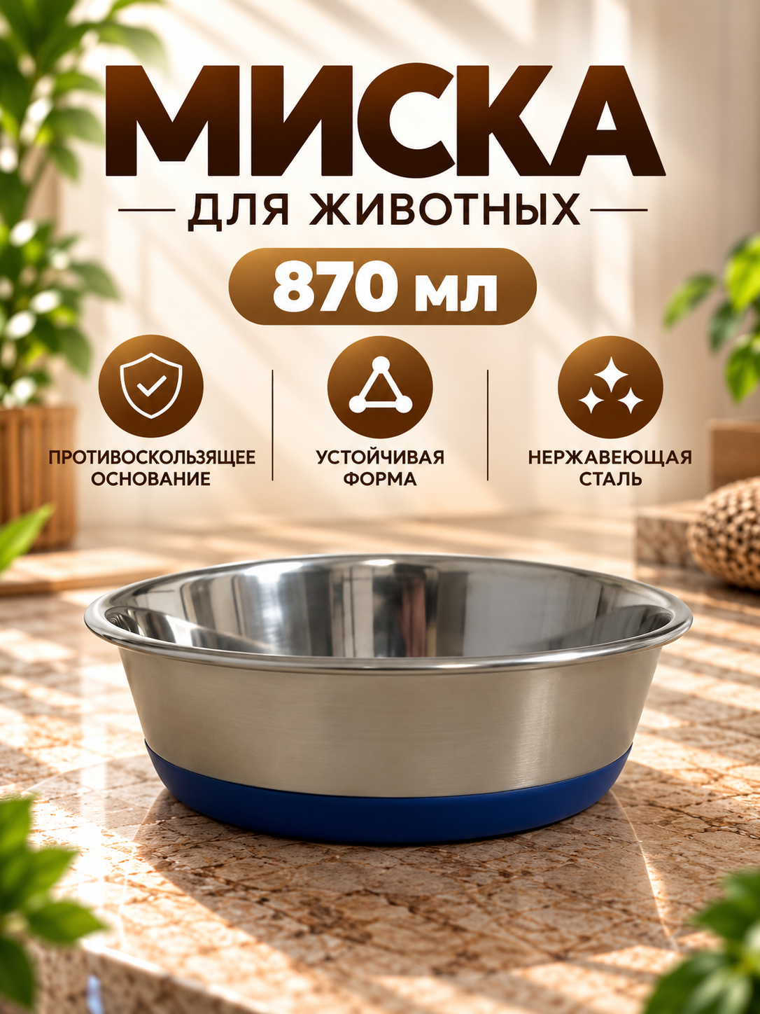Миска металлическая Japan Premium Pet для кошек и собак 870 мл