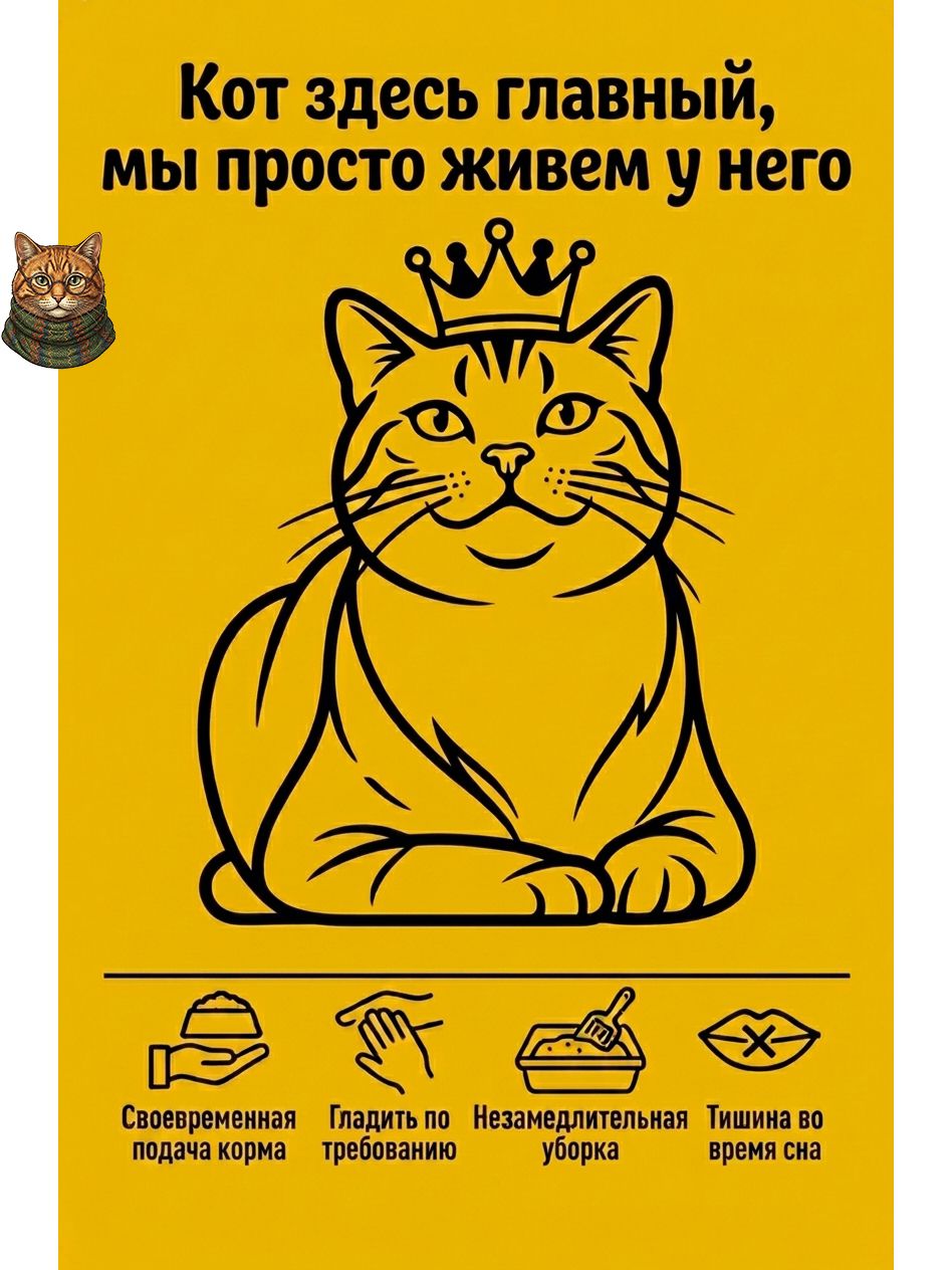 Магнит на холодильник "Кот здесь главный с короной и правилами", смешной подарок кошатнику / сувенирный магнит с приколом