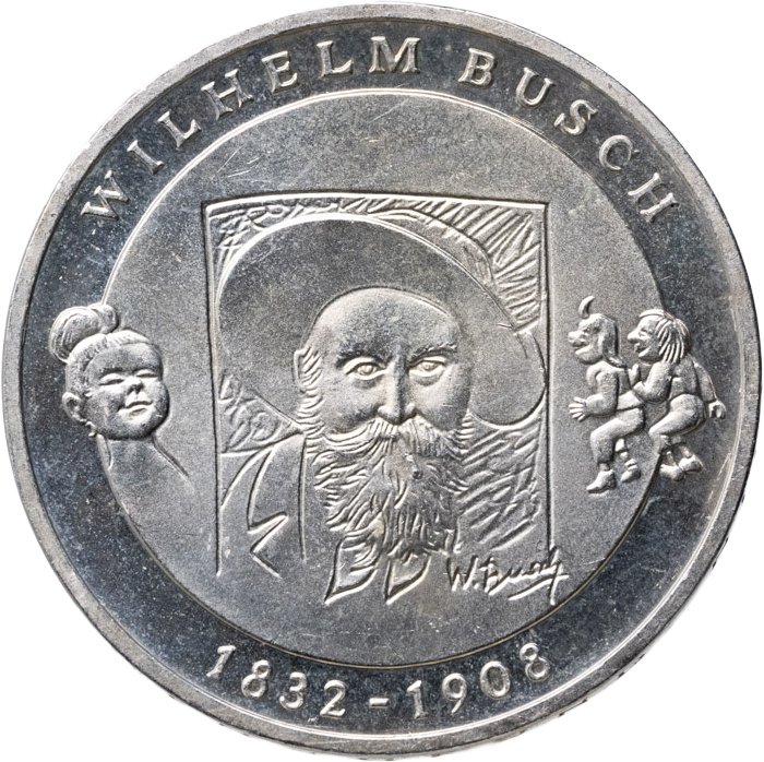 Германия 10 евро euro 2007 "175 лет со дня рождения Вильгельма Буша", Серебро 925, в сохранности Proof