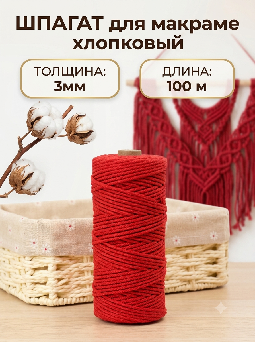 Шпагат хлопковый для макраме 3мм 100м красный 18