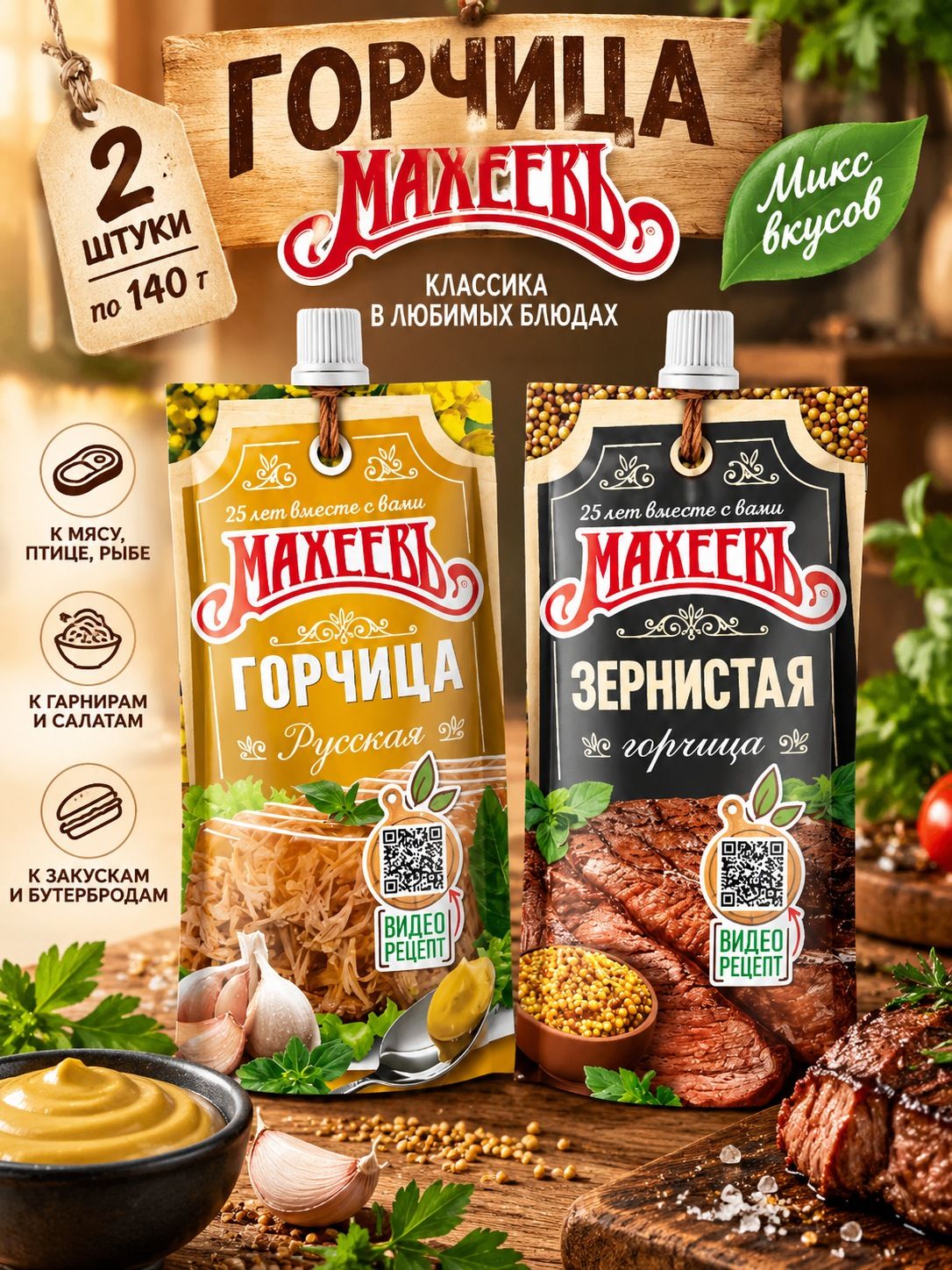 Горчица Махеевъ 2 штуки 140 грамм микс вкусов, вид горчицы зернистая