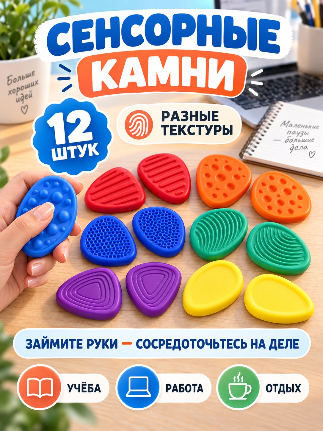 Тактильные силиконовые камни антистресс набор 12 шт, Разноцветные рельефные элементы, Сенсорная игрушка для развития моторики