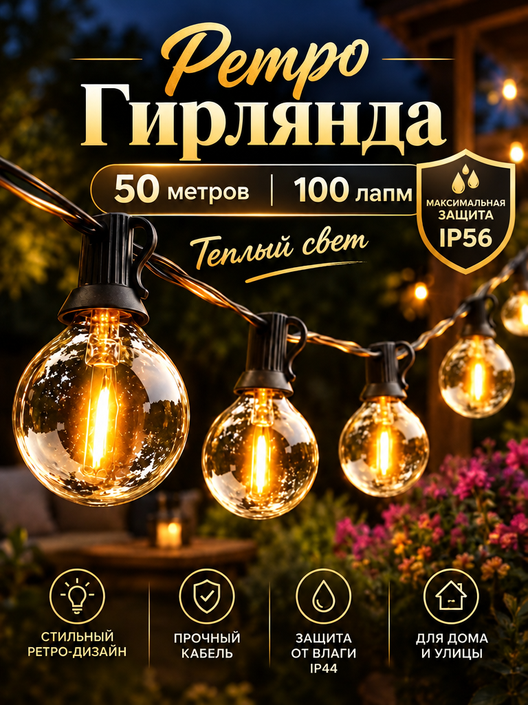 Ретро гирлянда уличная от сети 50 метров 100 ламп защита IP55