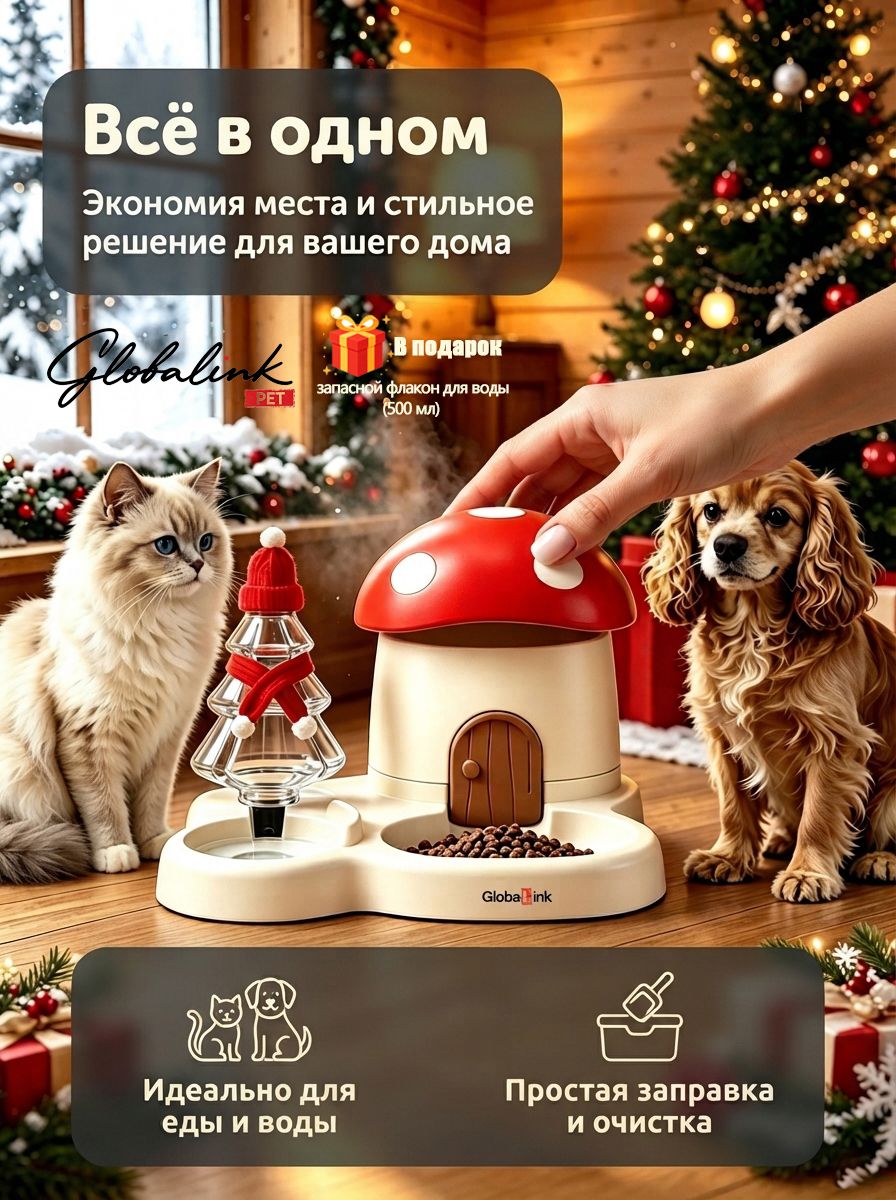 Миска-кормушка 2-в-1 для кошек и собак, гравитационная автопоилка без электросети, дизайн домик-грибок, Globalink