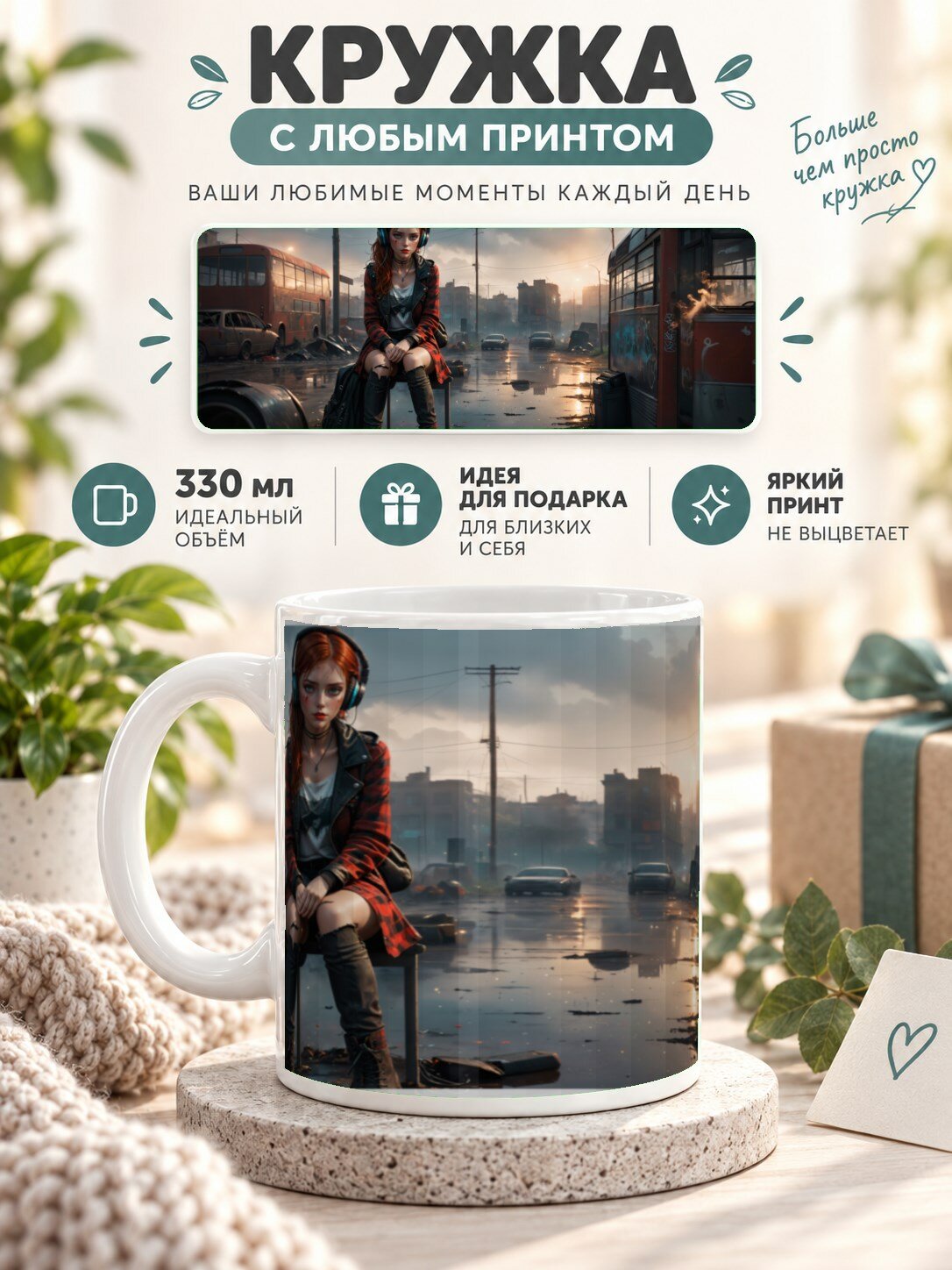 Кружка MoodRoom 330 мл, керамическая, глянцевая, с принтом девушки в городе, дизайн UG33023953