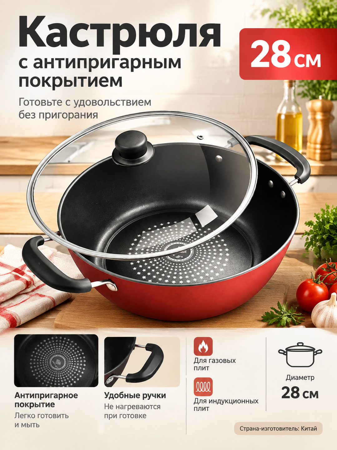 Кастрюля 28 см с антипригарным покрытием для газовых и индукционных плит