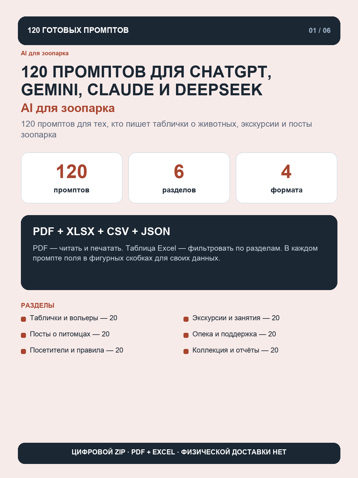 AI для зоопарка: 120 промптов для ChatGPT, Gemini, Claude и DeepSeek, цифровой ZIP