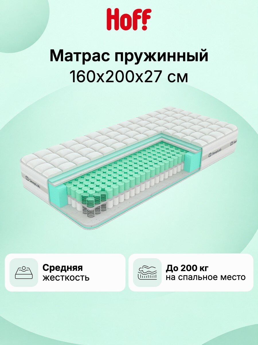 Матрас SLEEPLAB Twin, 160х200 см, независимые пружины, двусторонний, средняя жесткость
