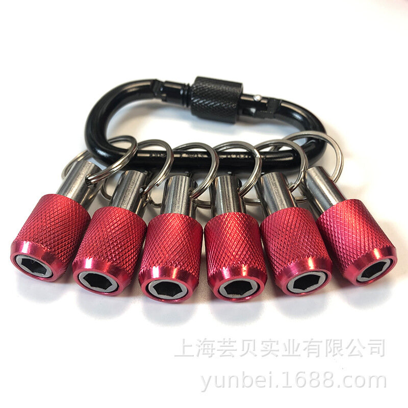 RXY Черный карабин с рифленым покрытием и 6 красными втулками для 1/4" шестигранных бит, быстрая смена, 118г