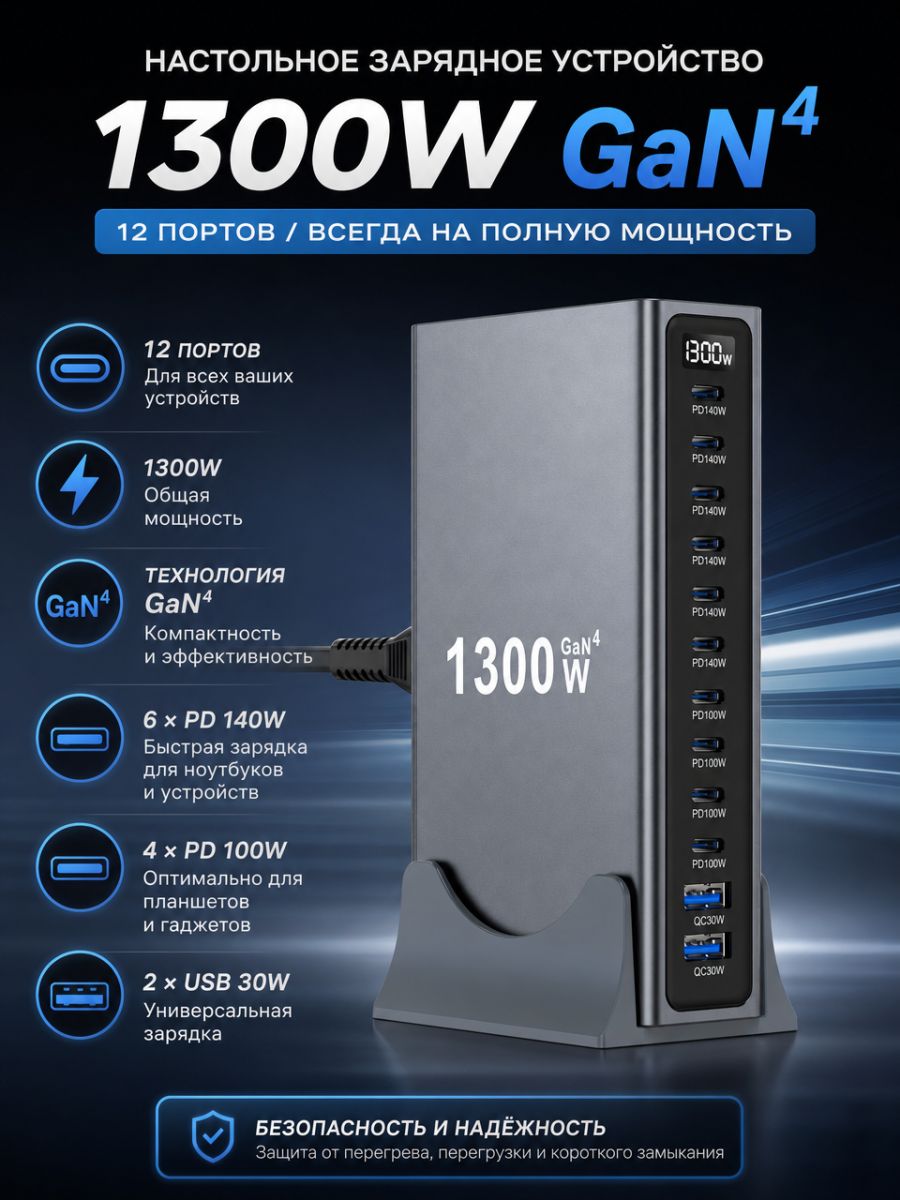 Настольное Зарядное Устройство GaN 1300W Двенадцать Портов PD140W PD100W USB30W Многопортовая Зарядка