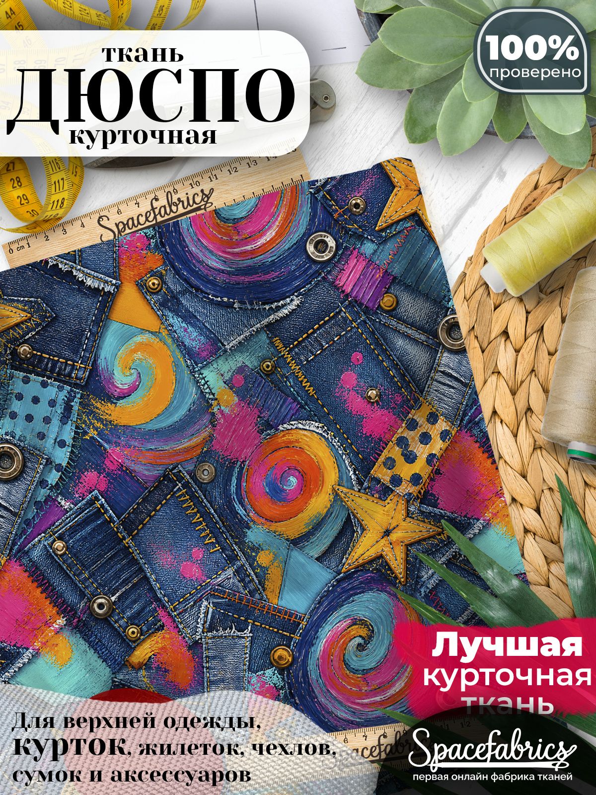 Плащевая ткань Дюспо 240T Milky WR PU, курточная, для шитья и творчества, 85 г/м2, отрез 147х100 см, с принтом Джинсовый коллаж