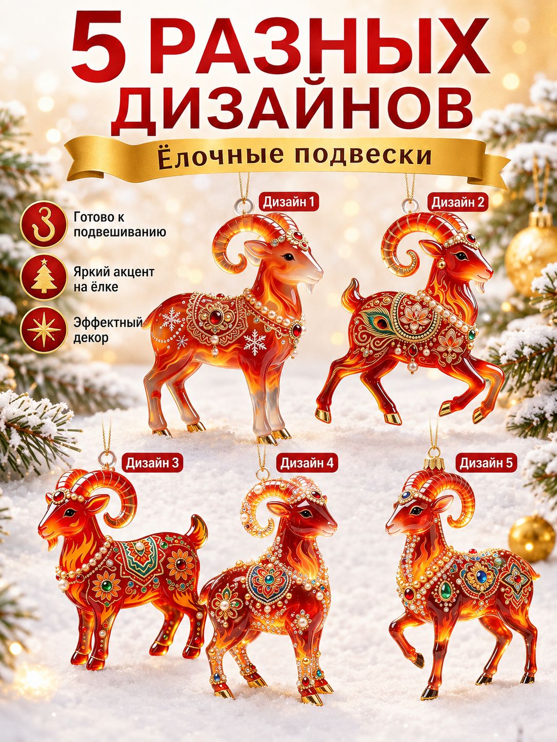Елочные украшения 8.01 см коза коричневый 5 шт