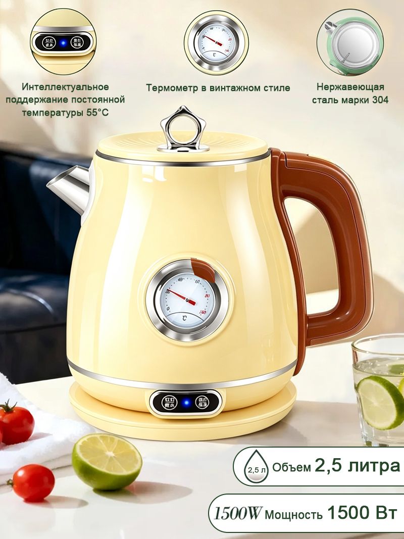 Электрический чайник Электрический чайник для дома 2,5 л, мощность 1500 Вт, винтажный термометр, подогрев до 55