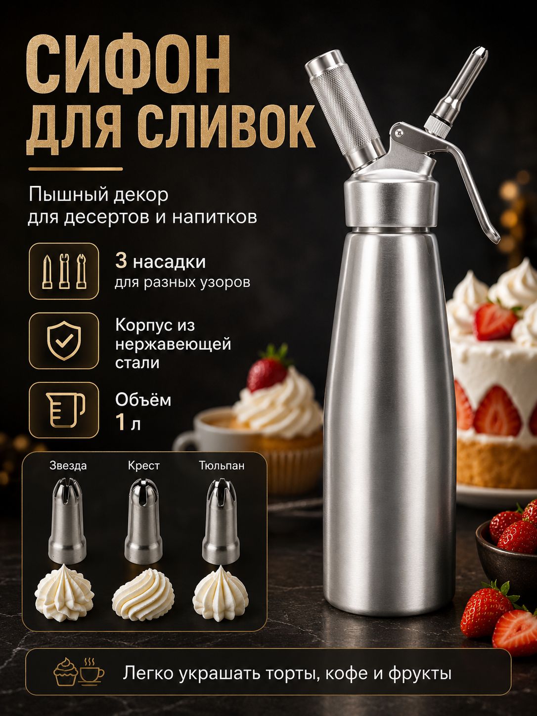 Кремер для сифона газирования 1 л 1 шт серебристый