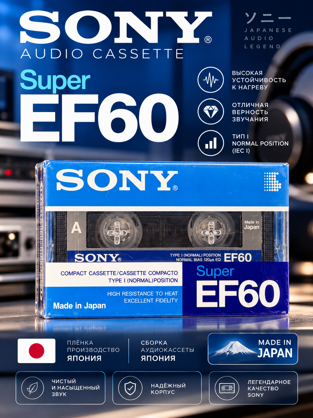 Аудиокассета чистая Sony Super EF60 Япония в плёнке с завода (1шт.)
