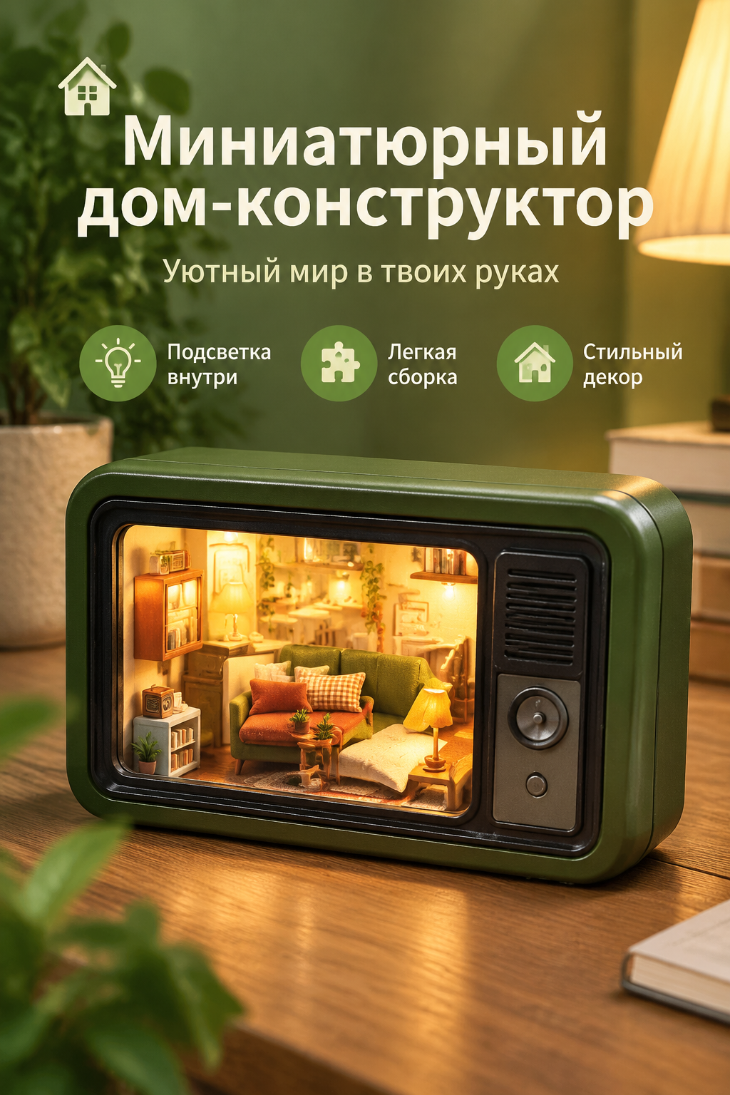 Миниатюрный дом-конструктор 1:24 с подсветкой, зеленый, 75 × 11 × 40 мм