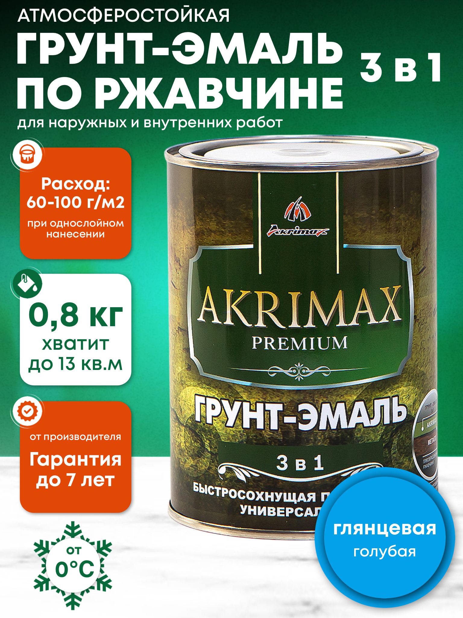 Грунт-эмаль по ржавчине 3 в 1, Краска по металлу, быстросохнущая 0,8 кг AKRIMAX-PREMIUM, глянцевое покрытие, голубая