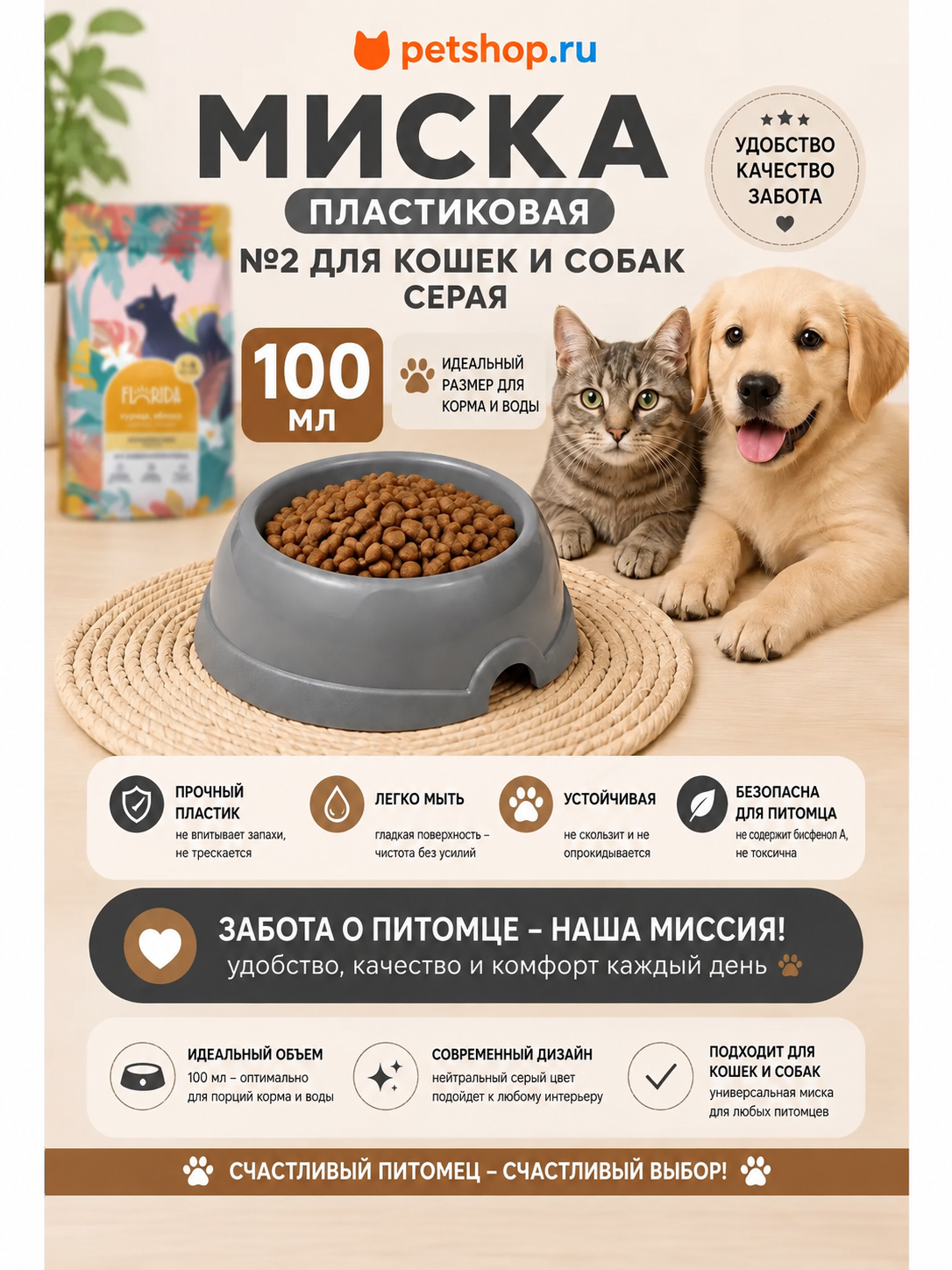 PETSHOP Миска для кошек и собак пластиковая "Лаки", серая, 100 мл