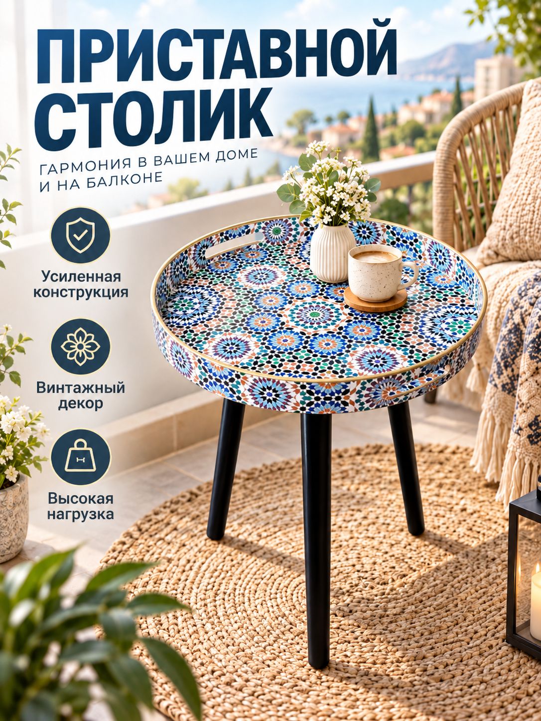 Приставной столик круглый, винтажный мозаичный декор, прочная конструкция для размещения в гостиной и на балконе