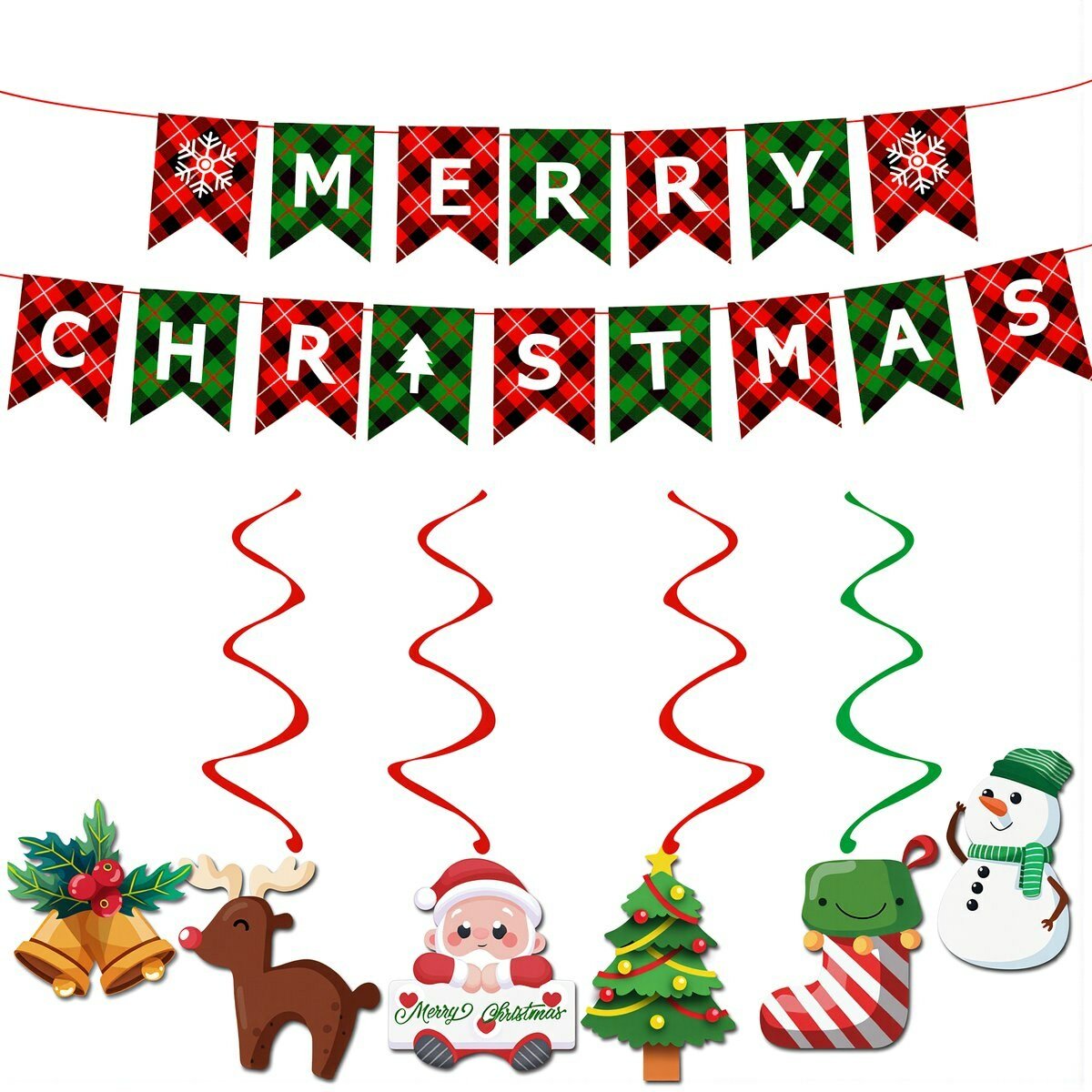 Комплект рождественских украшений с клетчатым баннером надписью Merry Christmas спиральные подвески для дома кафе офиса новогодних мероприятий, Комплект из баннера и спиральных подвесок