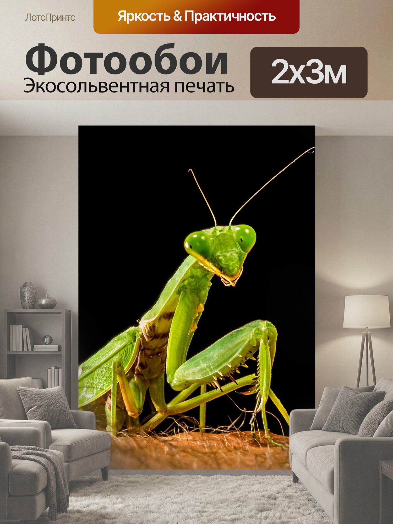 Фотообои "Богомол, ловля насекомых, зеленый" 200x300 см. экосольвентная печать