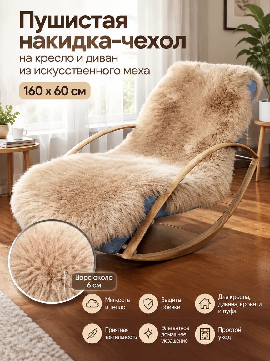Пушистая накидка-чехол на кресло и диван из искусственного меха 160x60 см, бежевый