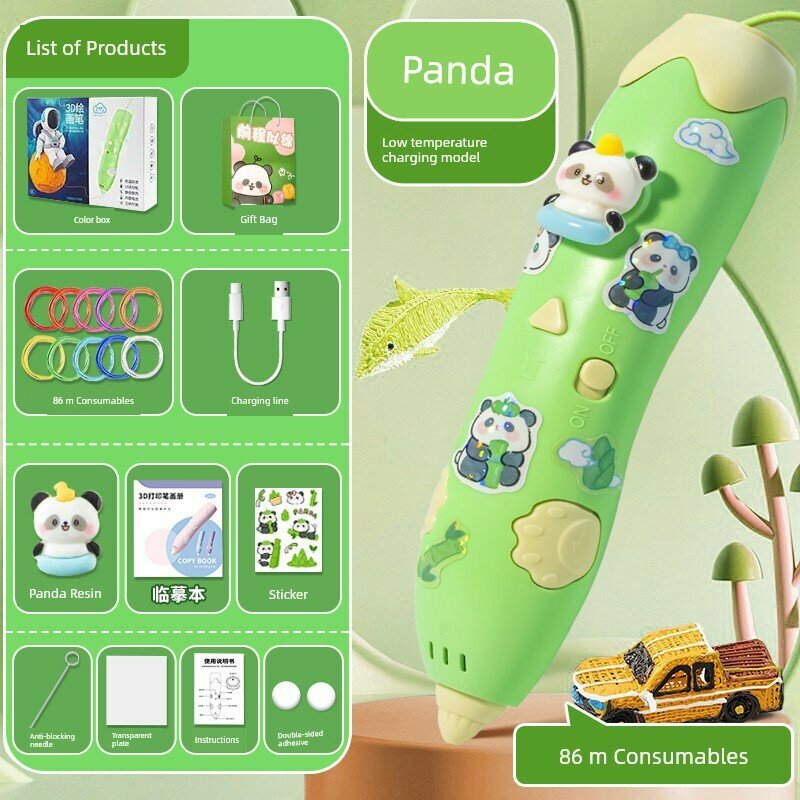 3D-ручка для детей 3-6 лет, дизайн панды, 86 м нити, перезаряжаемая модель, игрушка для творчества