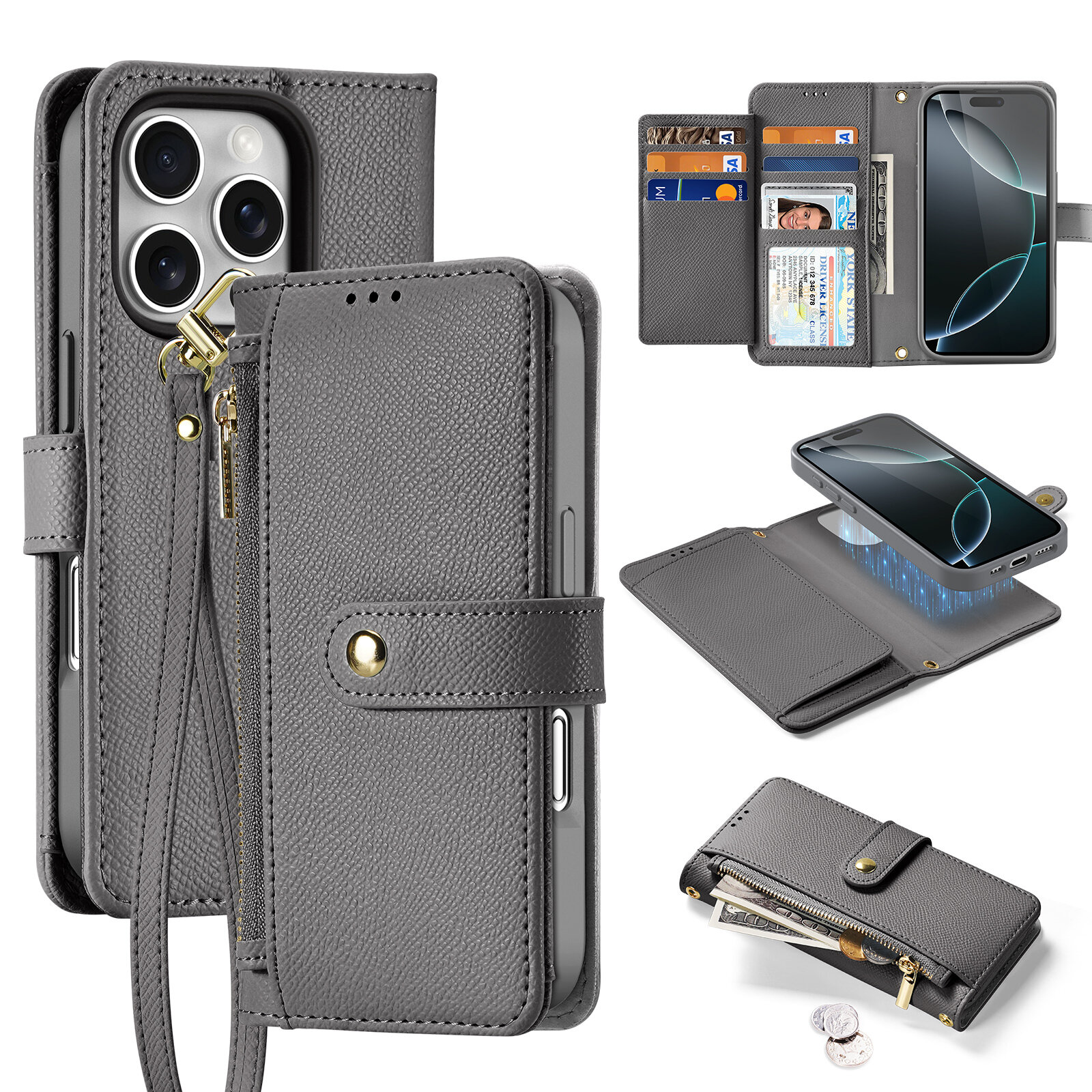 Чехол кошелек из TPU кожи серого цвета от Dux Ducis для iPhone 16 Pro Max, серия Lawa Series Case