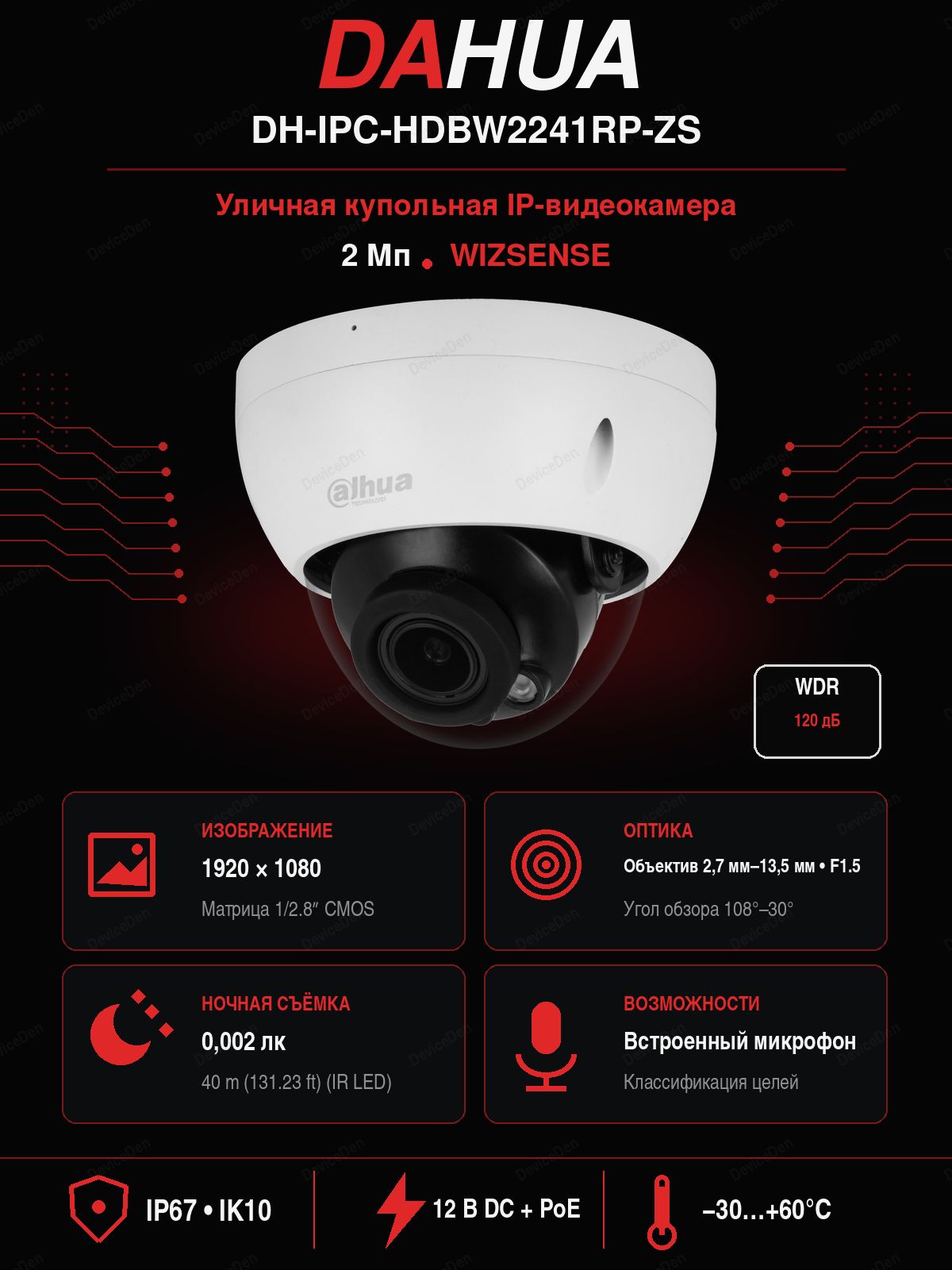 Dahua DH-IPC-HDBW2241RP-ZS - 2 Мп уличная купольная IP-камера, объектив 2,7-13,5 мм, встроенный микрофон, PoE