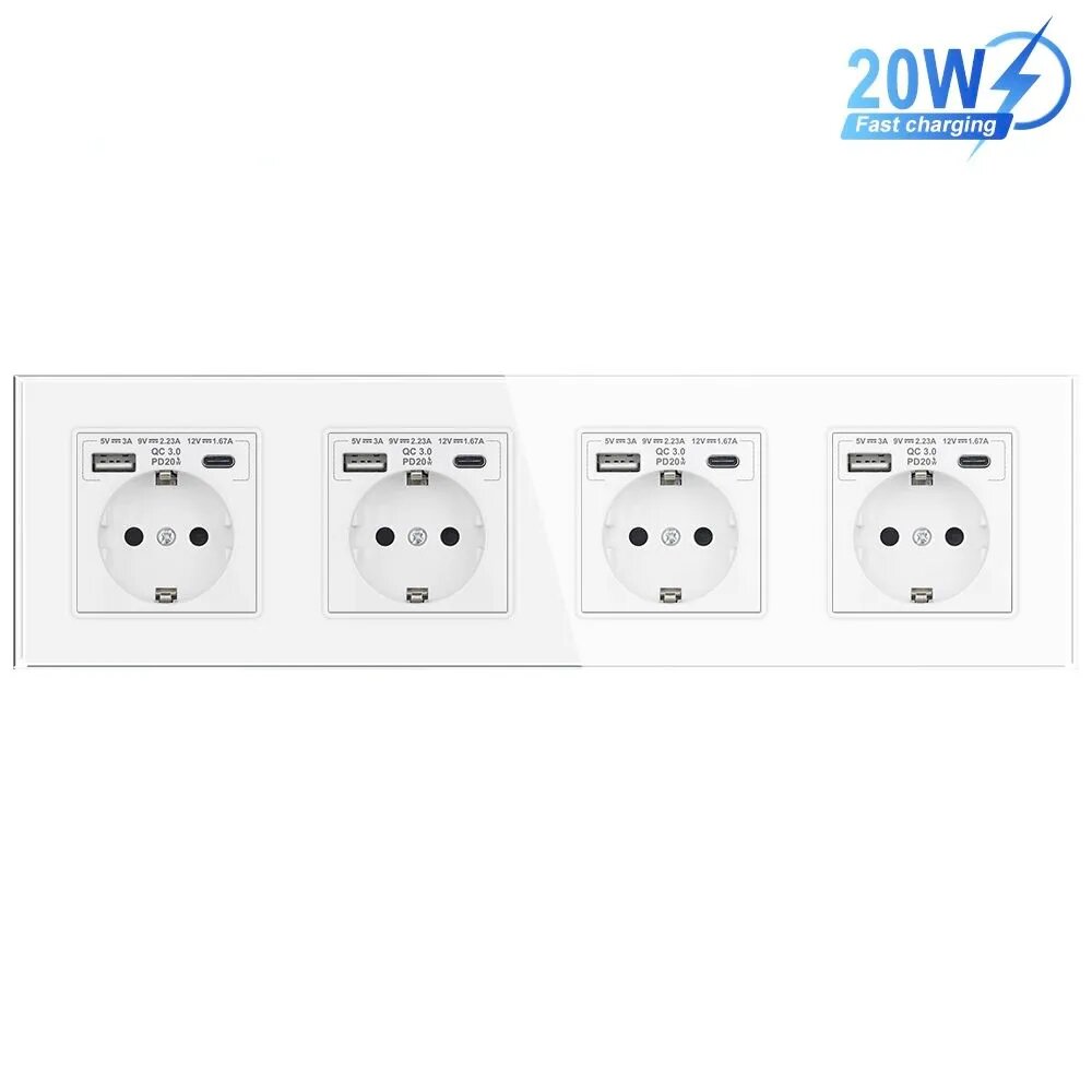 Розетка электрическая 4 постов с USB и type-C входами, быстрая зарядка 20W, рамка закаленное стекло Белая