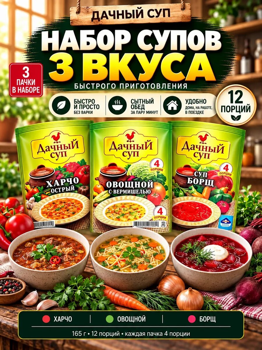 Набор супов 3 вкуса харчо овощной борщ 165г — супы быстрого приготовления