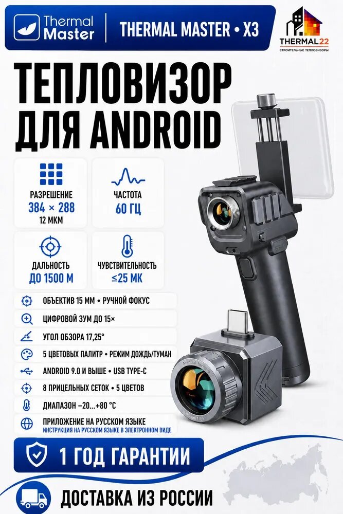 Тепловизор Thermal Master X3 инфракрасный профессиональный универсальный для смартфона Android, 384х288, 60 Гц, NETD 25 мК, от -20 до +80 C, монокуляр, 15х зум, USB Type-C