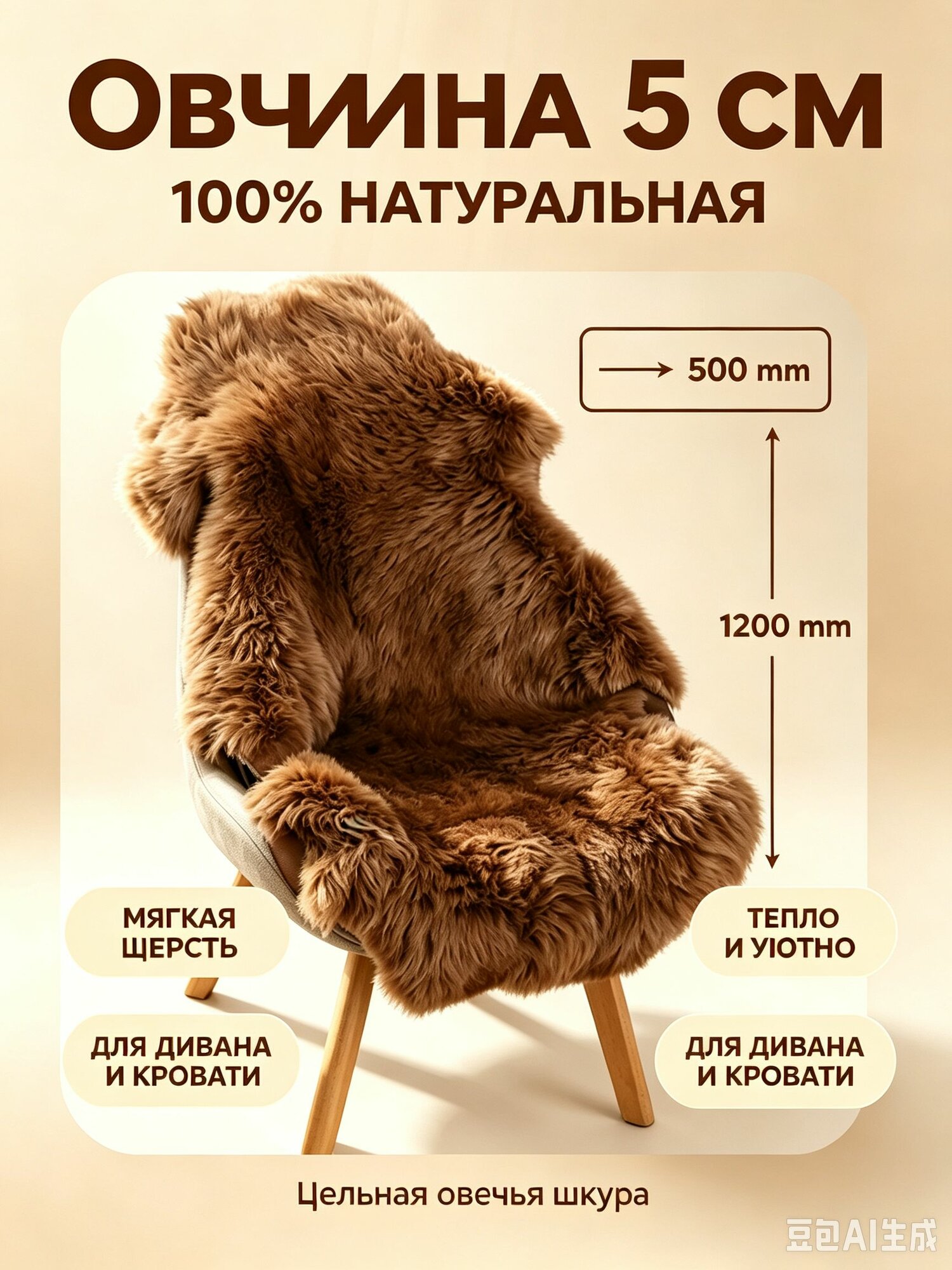 Шкура 1.2x0.5 м, Артикул: 5810072960, Материал: Мех натуральный, Натуральная шерсть