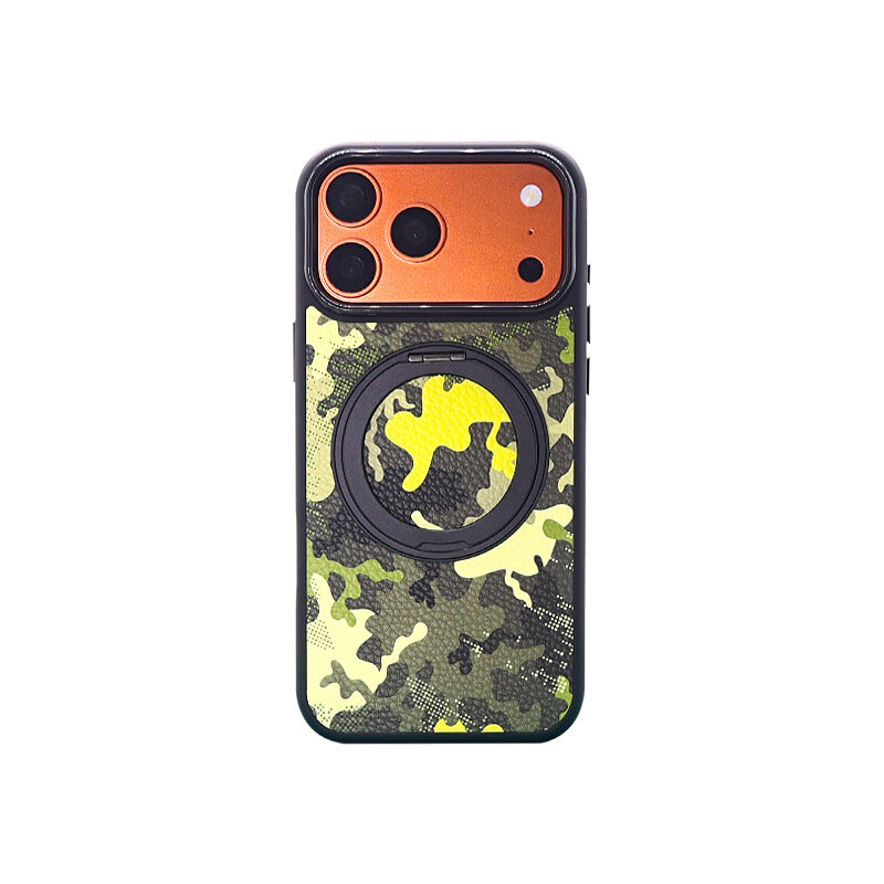 Камуфляжный чехол из текстурированной кожи серый с желтым для iPhone 13 Pro Max с магнитным кольцом и подставкой