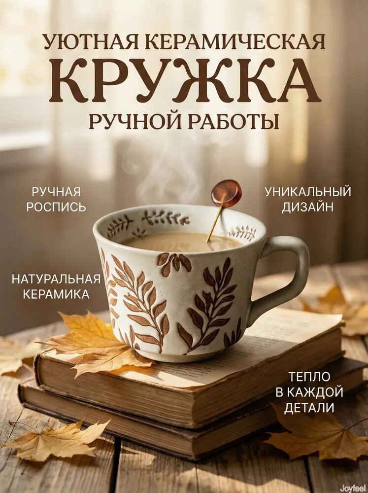 Кружка керамическая "Листья", фаянс, ручная роспись, 375 мл
