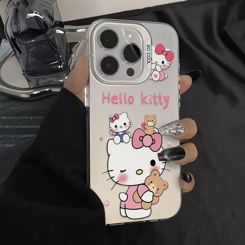 Чехол на Aйфон 13 Про Макс / IPHONE 13 PRO MAX светло-серый с белой рамкой камеры и принтом Hello Kitty с медвежатами, антиударный силиконовый чехол
