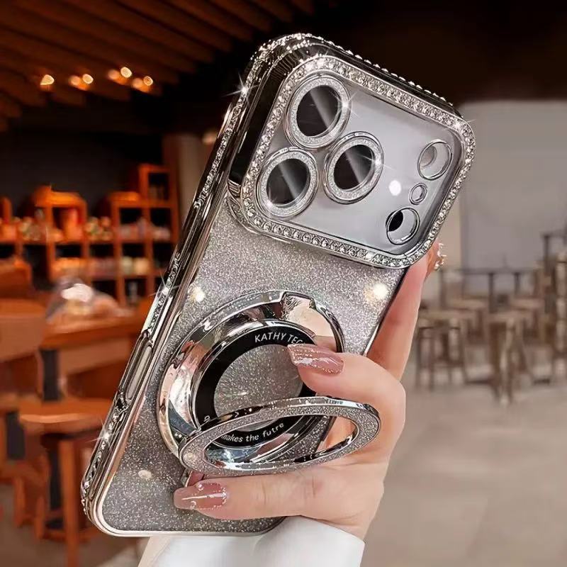 Серебристый Ринг-борд Магнитный Блестящий Чехол с Подставкой для iPhone 16 Plus Ударопрочный Мягкий С Защитой Камеры