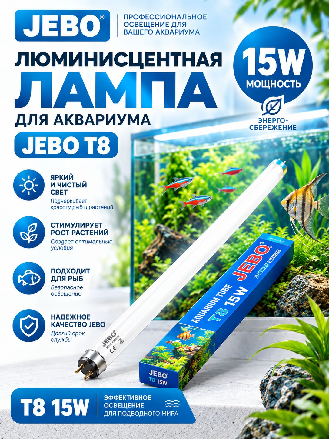 Люминесцентная лампа для аквариума и террариума, JOBO-t8,15 Вт,43.5cm, Белый источник света