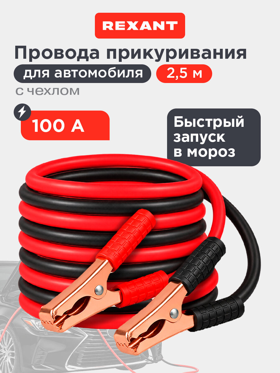 Провода прикуривания 100 Ампер длиной 2.5 метра для пуска двигателя автомобиля + чехол на молнии REXANT
