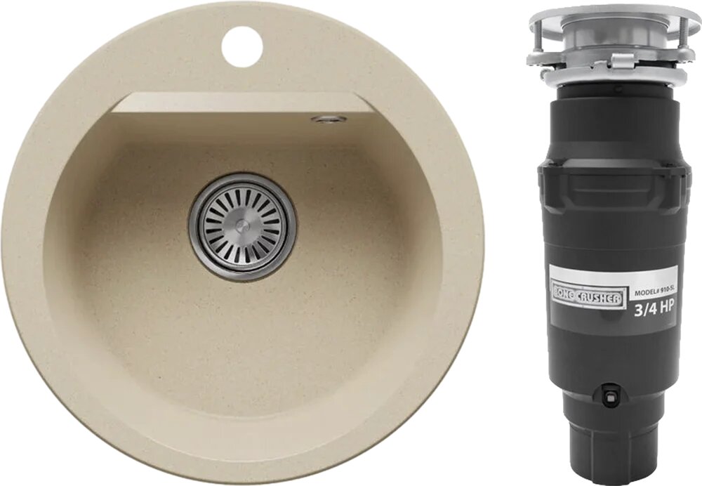 Комплект Мойка Polygran Atol 855519 46x46, опала, искусственный мрамор / Измельчитель Bone Crusher BC 910-SL-Slim Line электрический, нержавеющая сталь