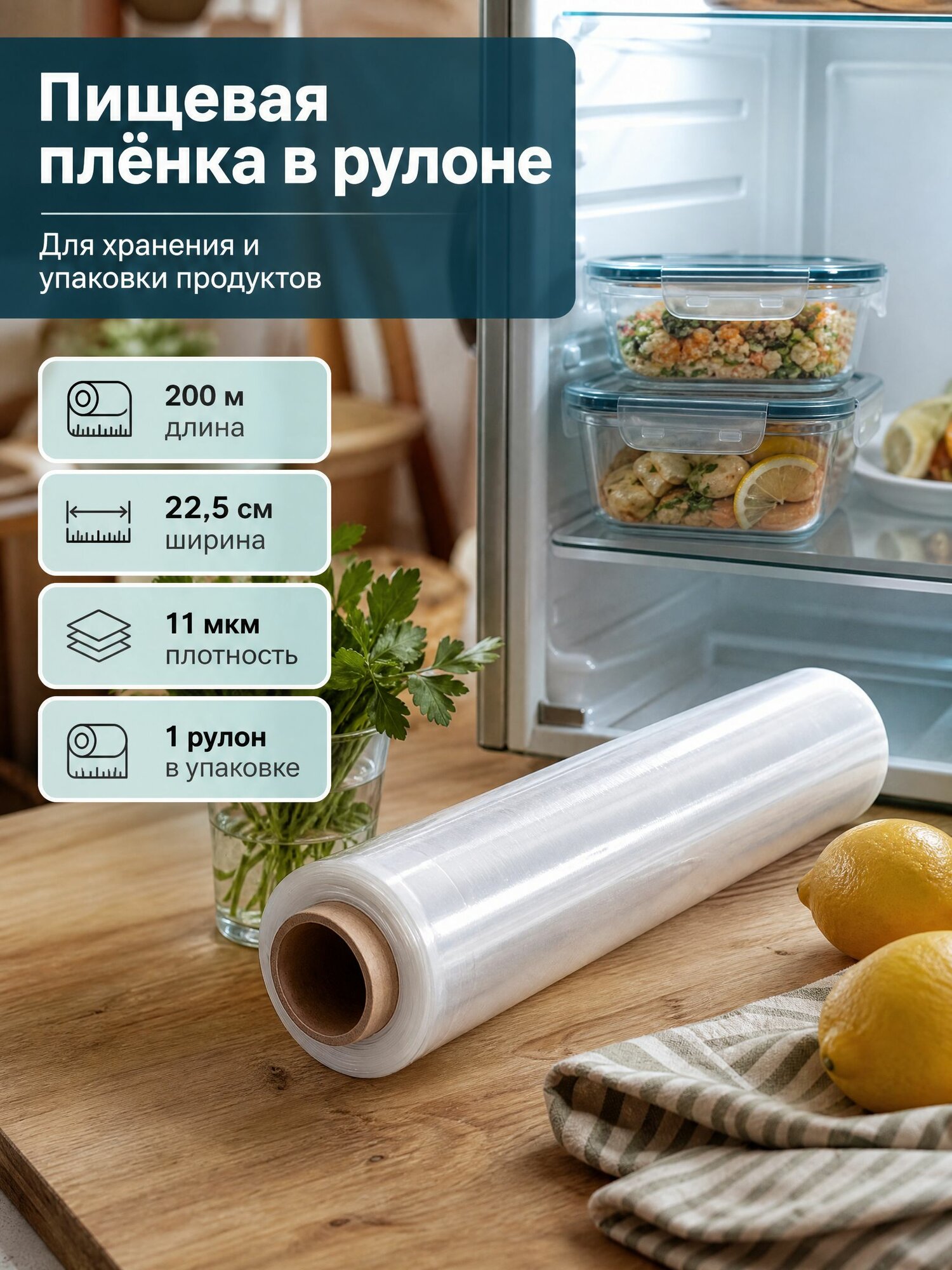 Пищевая пленка в рулоне плотная стрейч для обертывания и упаковки