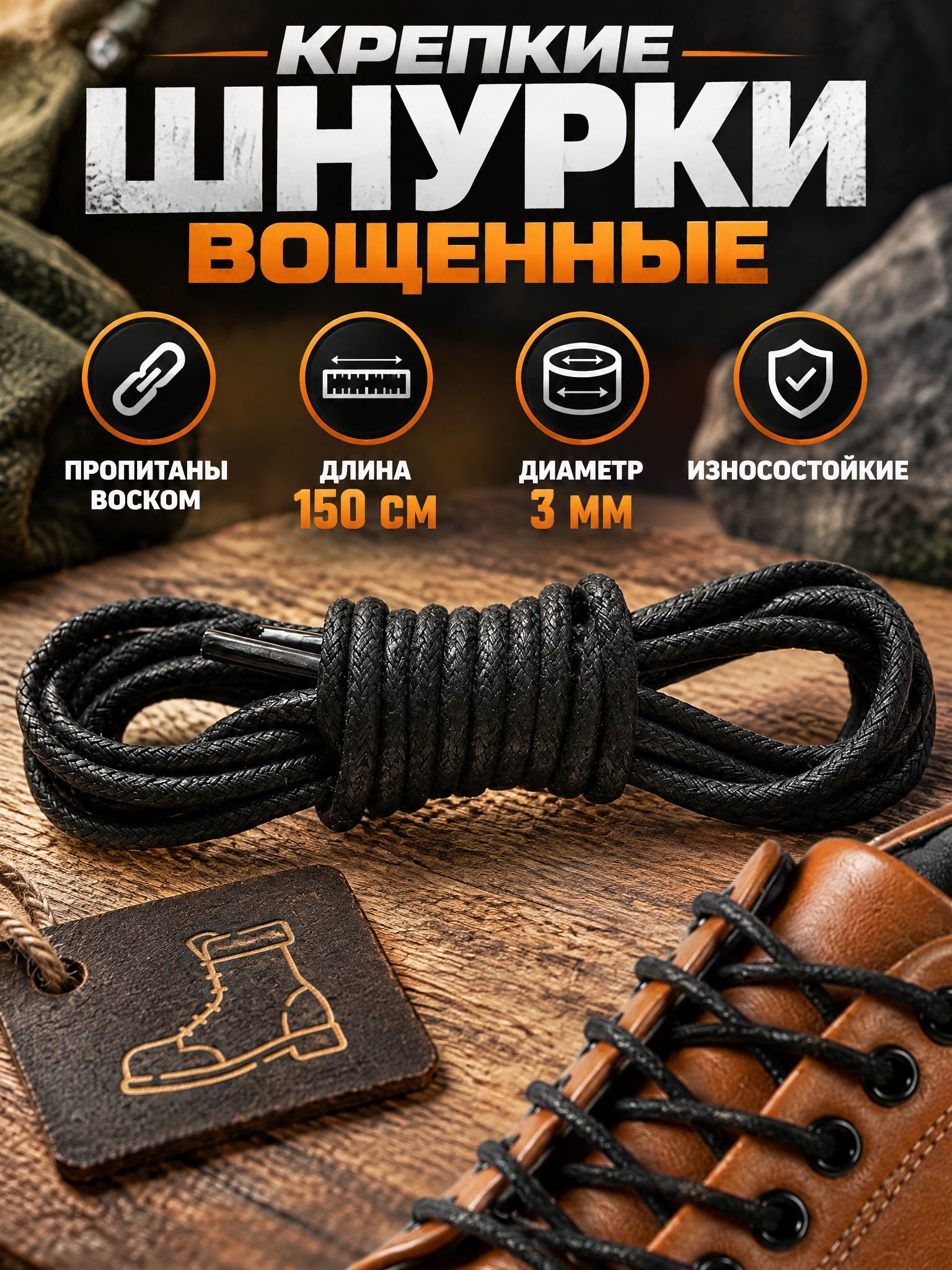 Шнурки 150 см 3 мм берцы черные с покрытием круглые (1 пара) для обуви /кеды / туфли